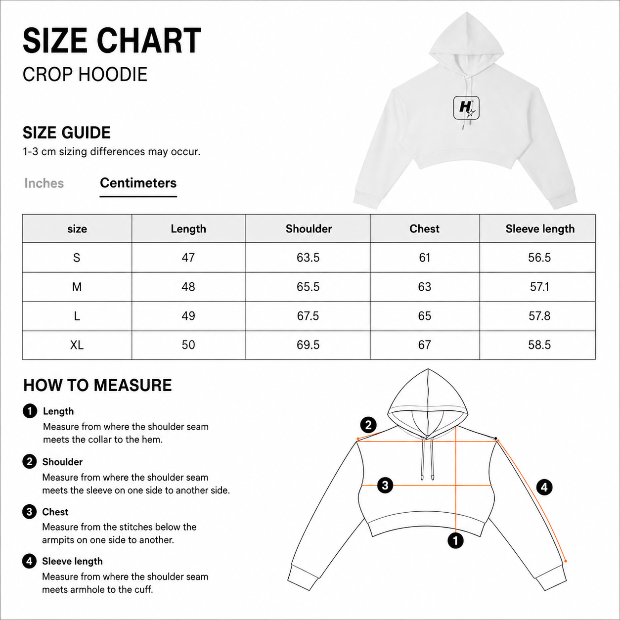 A size chart and measurement guide for a crop hoodie, showing a small white hoodie illustration, a size table with chest, shoulder, and sleeve measurements from S to XL, and a step-by-step measurement diagram with labeled points on the garment.