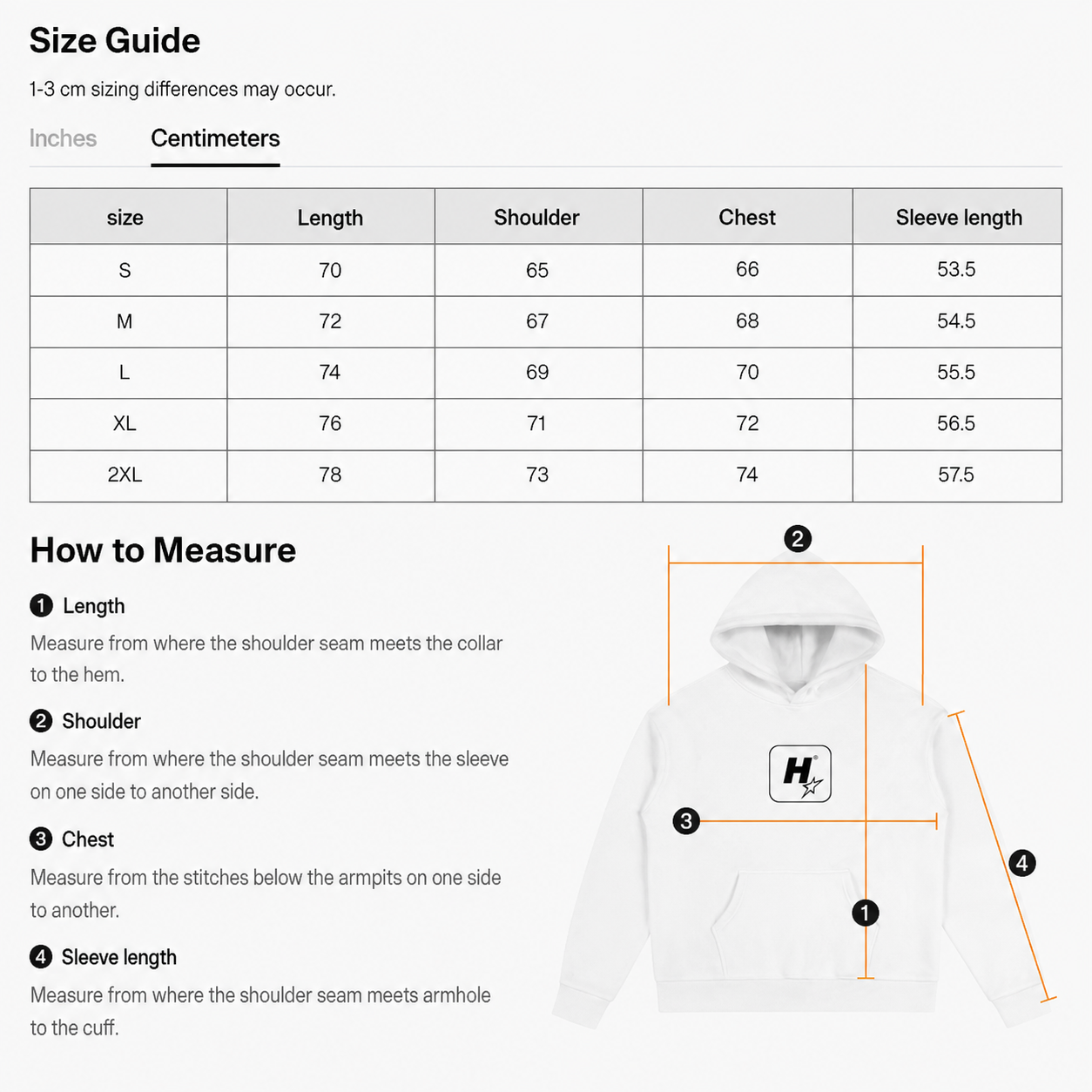 Measurement guide for a hoodie showing a size chart in inches/centimeters and step-by-step how-to-measure instructions, with a labeled white hoodie diagram highlighting hood length, shoulder, chest, and sleeve length.