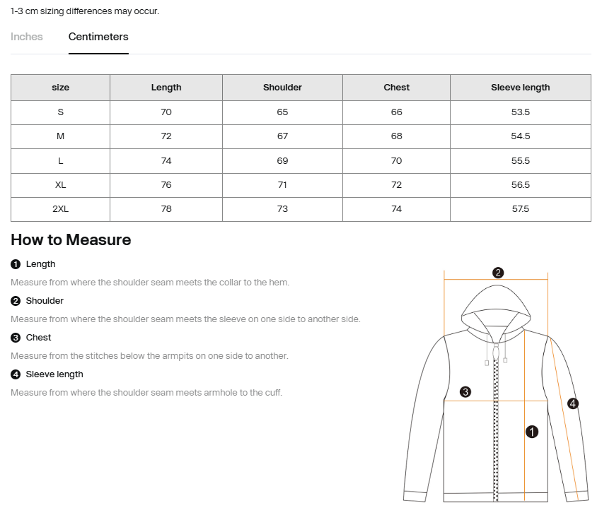 Measurement guide for a hoodie showing an inches-to-centimeters size table, measurement instructions, and a labeled front-view diagram with arrows pointing to length, shoulder, chest, and sleeve length.