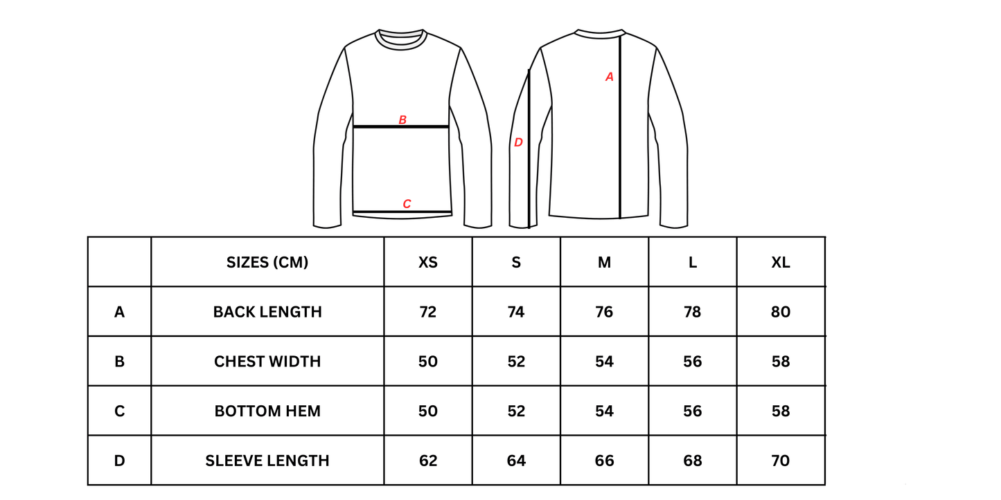 Measurement chart for a long-sleeve shirt with size chart on a white background