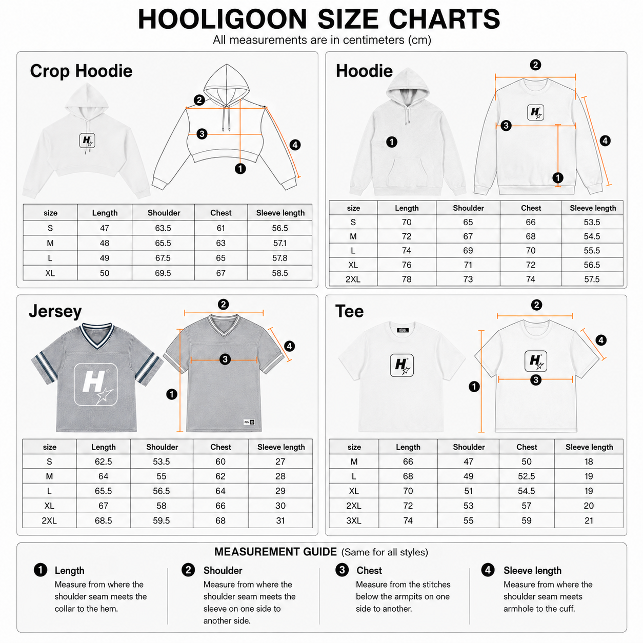 A size chart graphic for Hooligoon apparel showing measurements in centimeters for multiple styles: Crop Hoodie, Hoodie, Jersey, and Tee. The chart includes size tables from S to XXL with length, shoulder, chest, and sleeve length measurements, plus a measurement guide with three numbered steps.