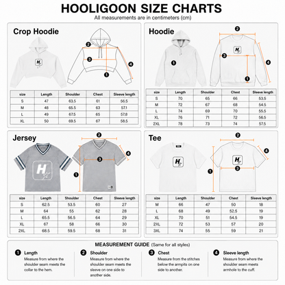 A size chart graphic for Hooligoon apparel showing measurements in centimeters for multiple styles: Crop Hoodie, Hoodie, Jersey, and Tee. The chart includes size tables from S to XXL with length, shoulder, chest, and sleeve length measurements, plus a measurement guide with three numbered steps.