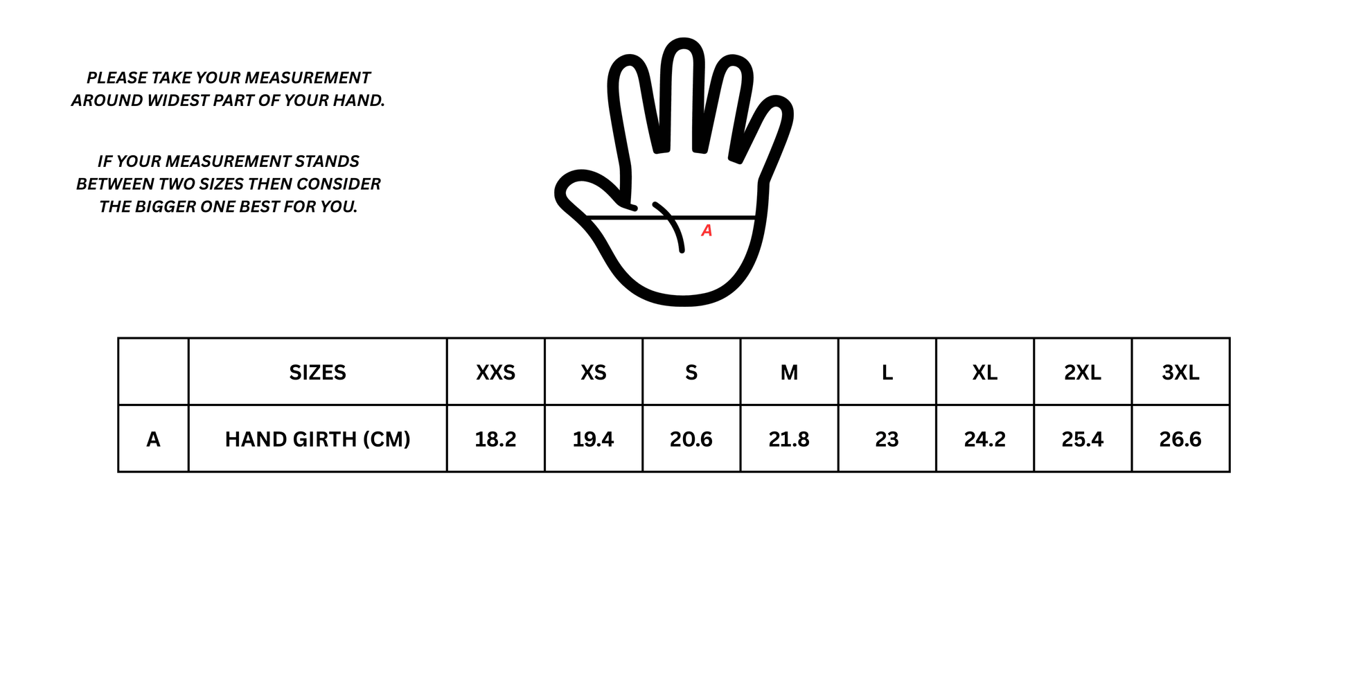 Hand measurement chart with a hand illustration and size guide.