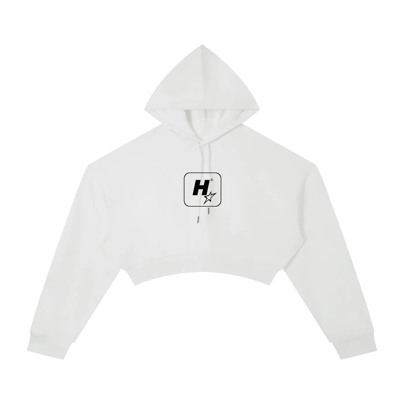 A white cropped pullover hoodie with a black graphic logo on the chest, displayed flat against a solid white background.