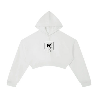 A white cropped pullover hoodie with a black graphic logo on the chest, displayed flat against a solid white background.