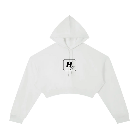 A white cropped pullover hoodie with a black graphic logo on the chest, displayed flat against a solid white background.