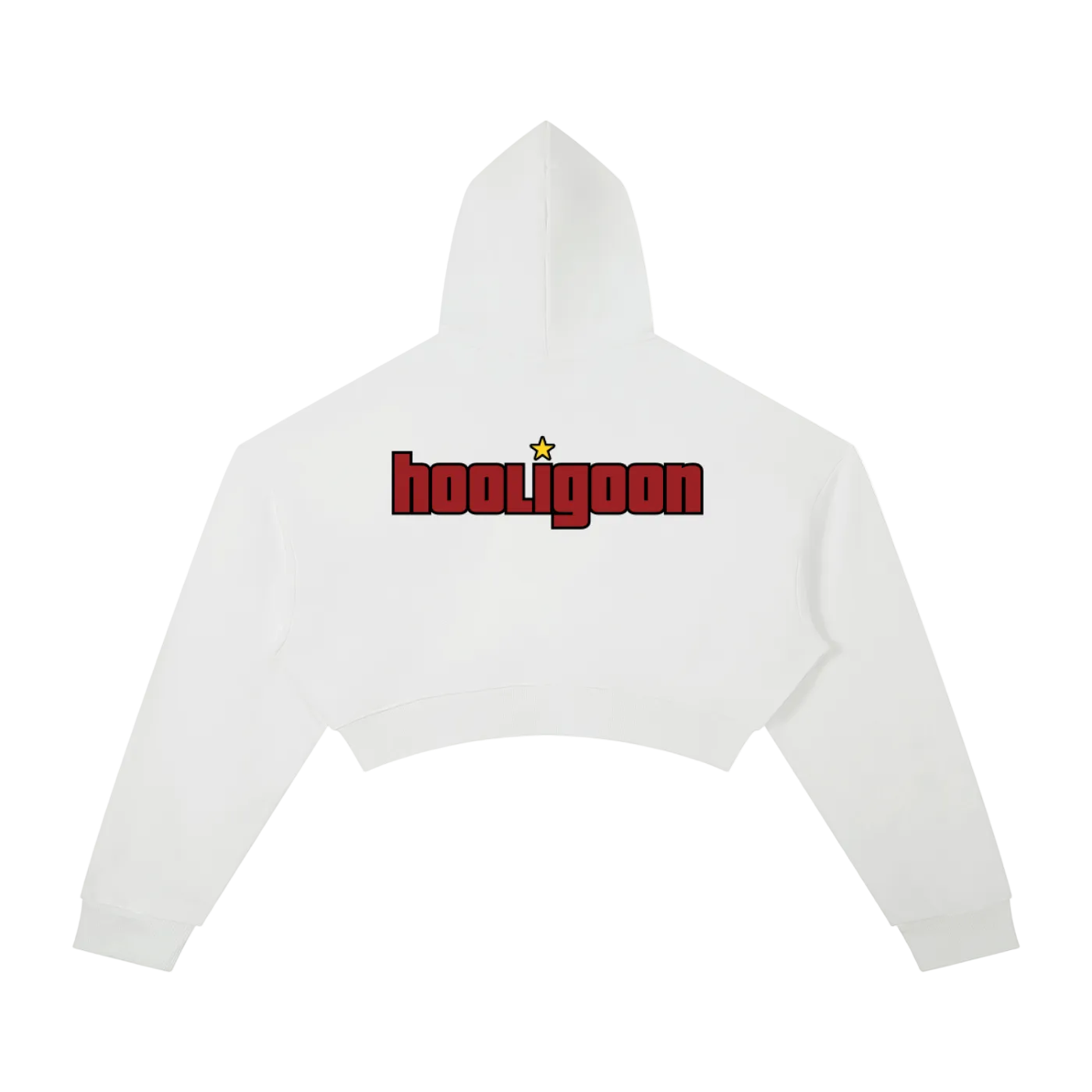 A white cropped hoodie shown from the back, featuring a red 'hooligoon' text graphic with a small yellow star above the 'o', on a plain white background.