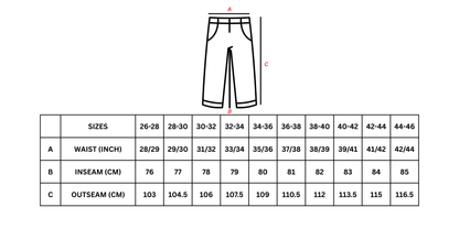 Pants size chart with measurements on a white background