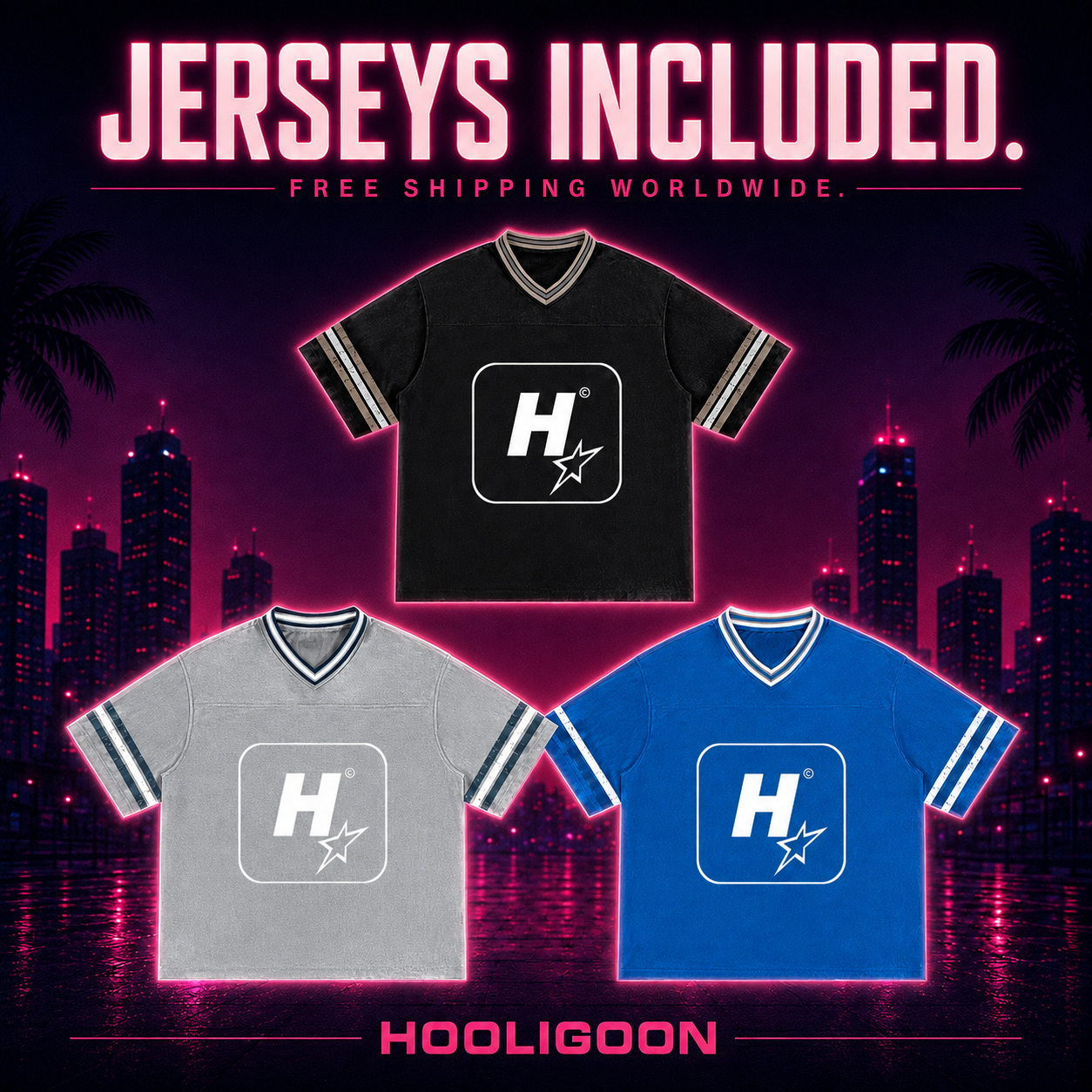Three Hooligoon v-neck jerseys are displayed against a neon city skyline background. The top jersey is black, and the bottom two are gray and blue.