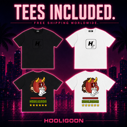 Four Hooligoon t-shirts shown in a promotional layout: two black shirts and two white shirts, with one black shirt featuring a devil graphic and the text 'HOOLIGOON' and one white shirt featuring the same graphic. Large text at the top reads 'TEES INCLUDED.