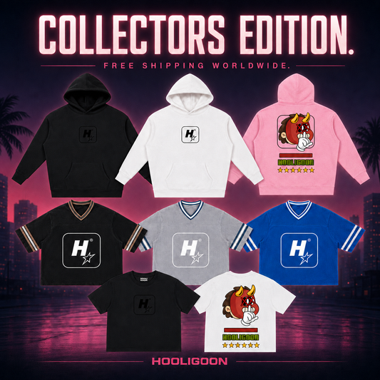 A promotional collage for Hooligoon 'Collectors Edition' apparel, showing multiple hoodies and t-shirts in black, white, pink, gray, and blue, each with a large chest logo or graphic. The products are arranged over a dark city skyline at night with palm trees and water reflections.