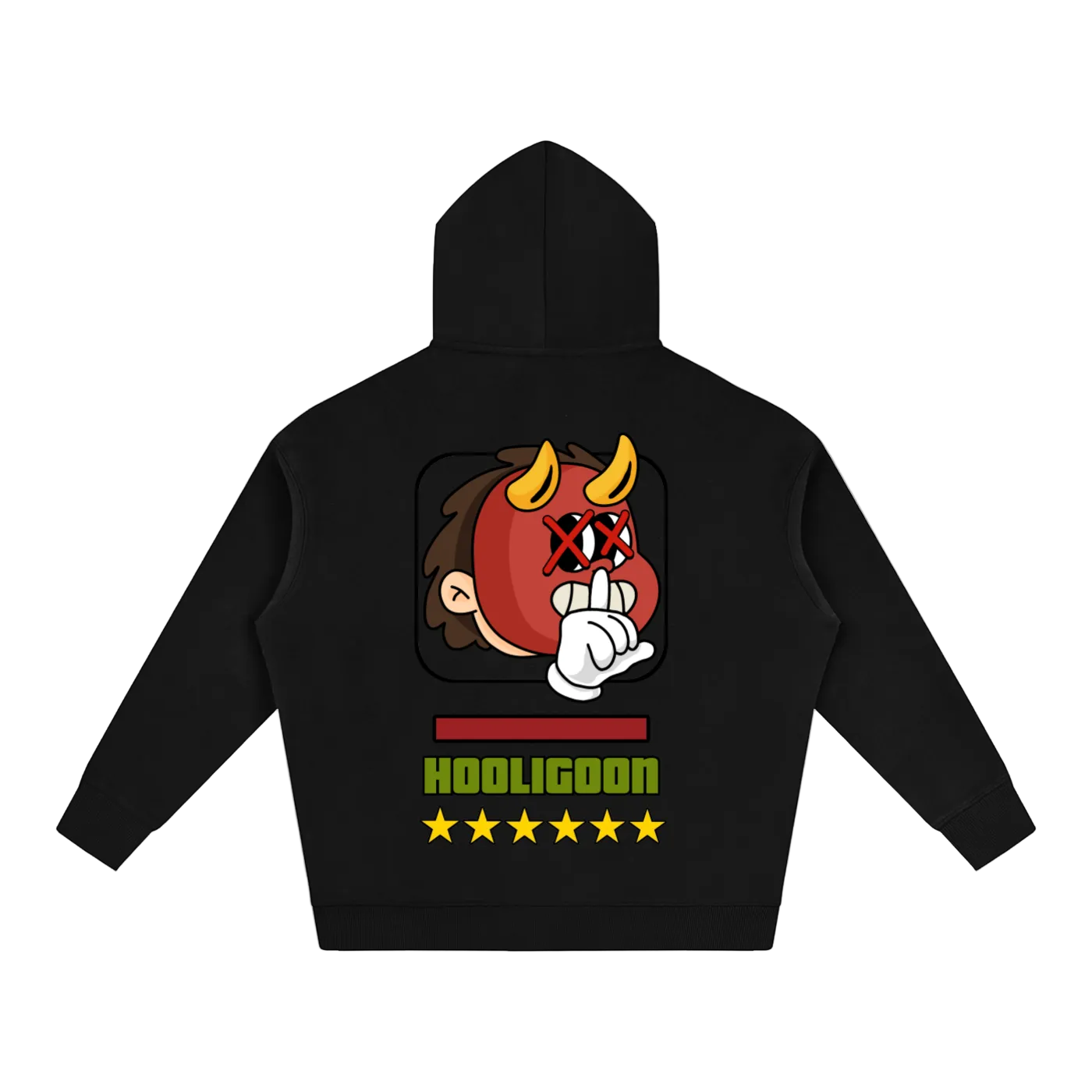 A black pullover hoodie shown from the back, featuring a graphic of a cartoon devil face with yellow horns, a red mask, and a hand gesture. Below the graphic is the text 'HOOLIGOON' in green and yellow, accompanied by five yellow stars, all on a plain white background.