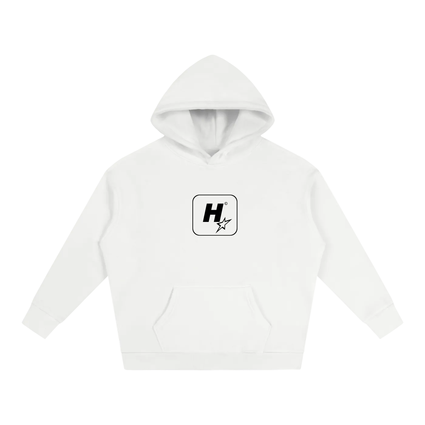 A white pullover hoodie with a black and gray star graphic containing the letter 'A' on the chest, displayed on a clean white background.