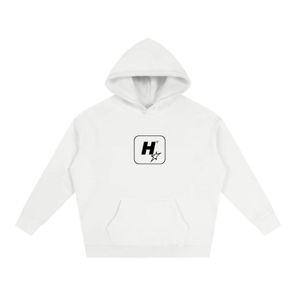 A white pullover hoodie with a black and gray star graphic containing the letter 'A' on the chest, displayed on a clean white background.
