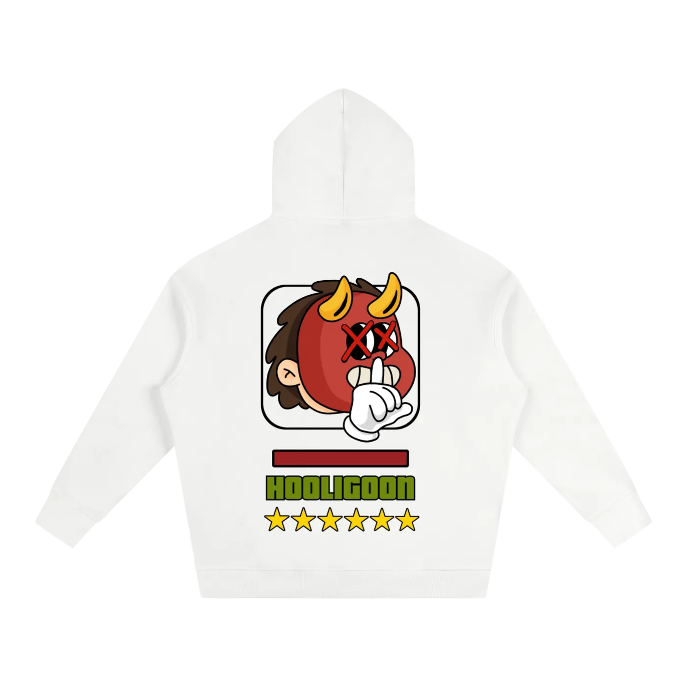 A white hooded sweatshirt shown from the back, featuring a colorful graphic of a cartoon devil character with horns and a peace sign, above the text 'KOOLIGOON' and five stars.