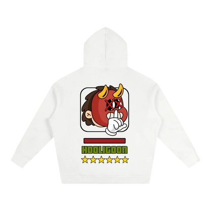 A white hooded sweatshirt shown from the back, featuring a colorful graphic of a cartoon devil character with horns and a peace sign, above the text 'KOOLIGOON' and five stars.
