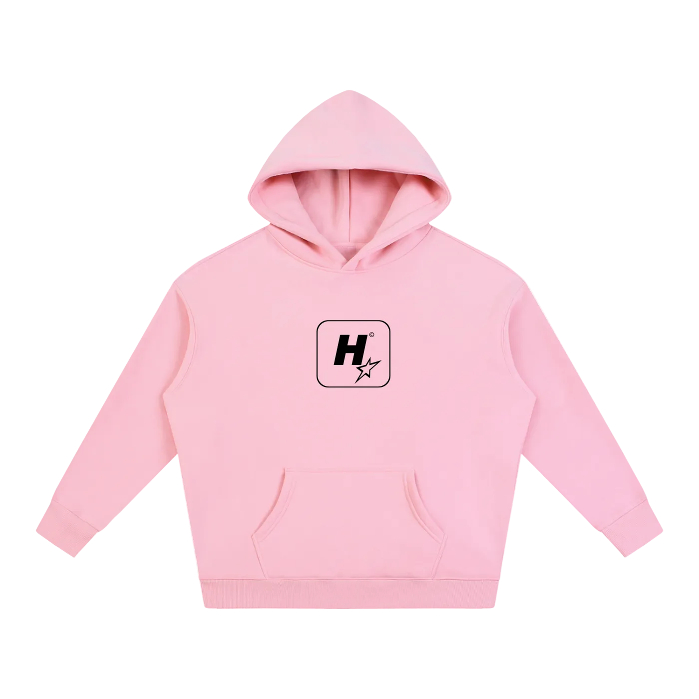 A light pink pullover hoodie with a black starburst logo and the word 'elevate' printed on the chest, displayed against a solid white background.
