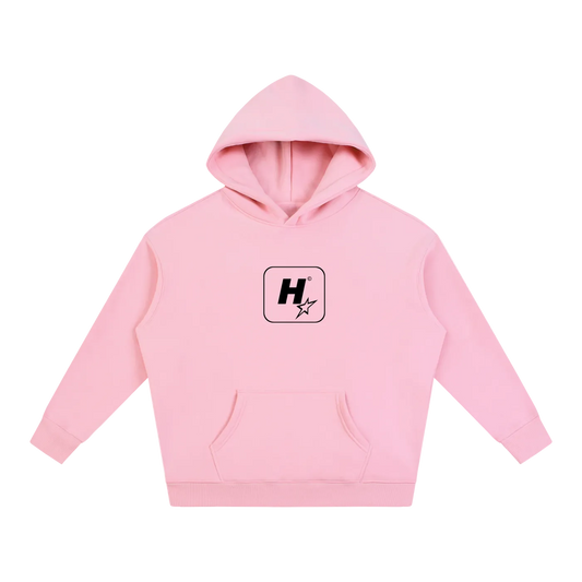 A light pink pullover hoodie with a black starburst logo and the word 'elevate' printed on the chest, displayed against a solid white background.