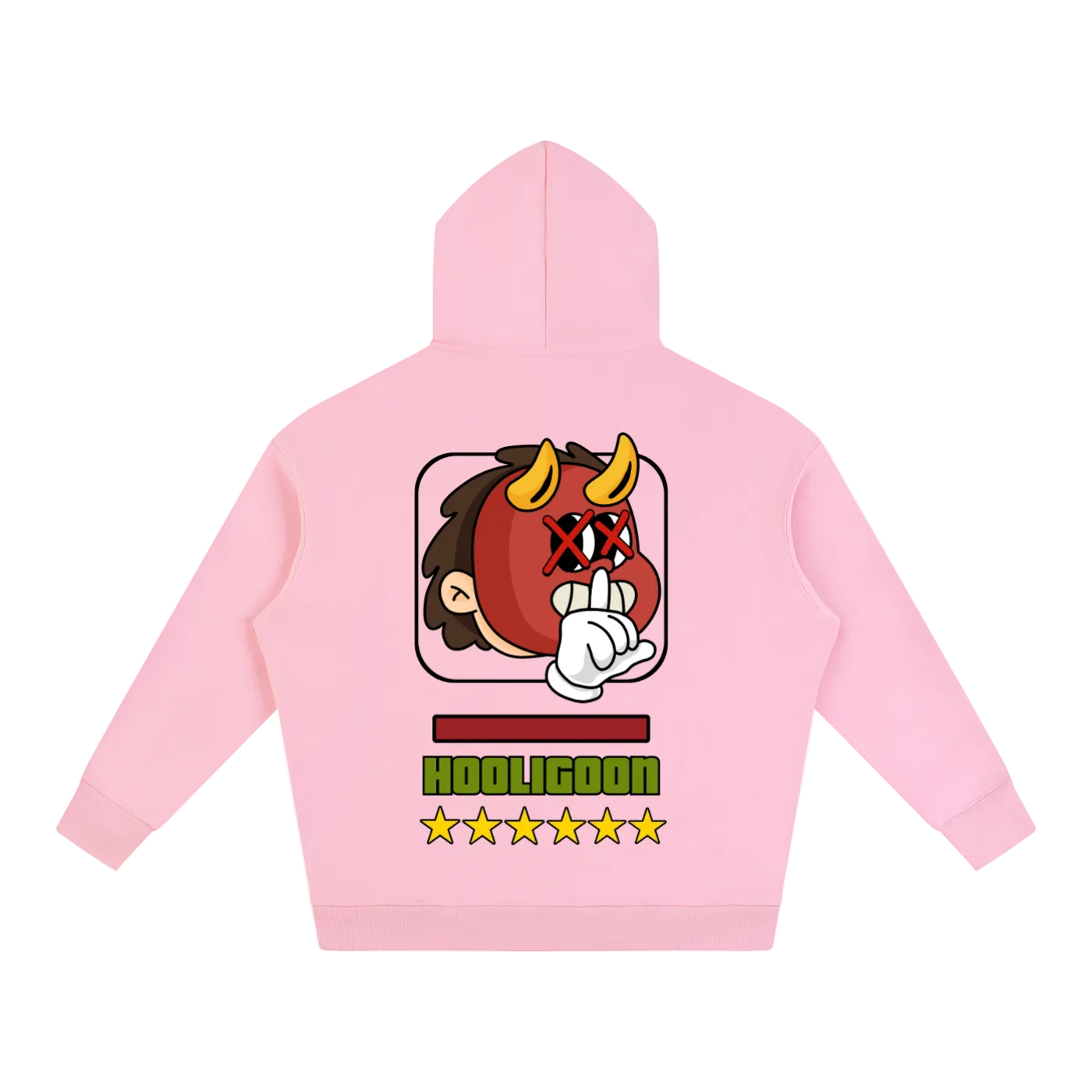 A light pink hoodie shown from the back, featuring a colorful graphic of a cartoon devil character making a peace sign, with the text 'KOOLIGOON' and five stars below.