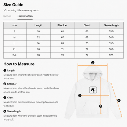 Measurement guide for a hoodie showing a size chart in inches/centimeters and step-by-step how-to-measure instructions, with a labeled white hoodie diagram highlighting hood length, shoulder, chest, and sleeve length.