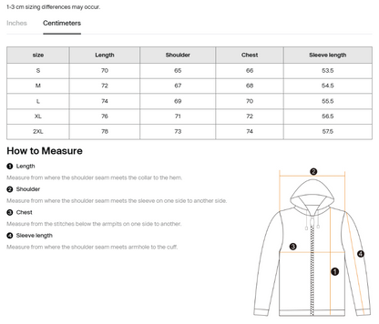 Measurement guide for a hoodie showing an inches-to-centimeters size table, measurement instructions, and a labeled front-view diagram with arrows pointing to length, shoulder, chest, and sleeve length.