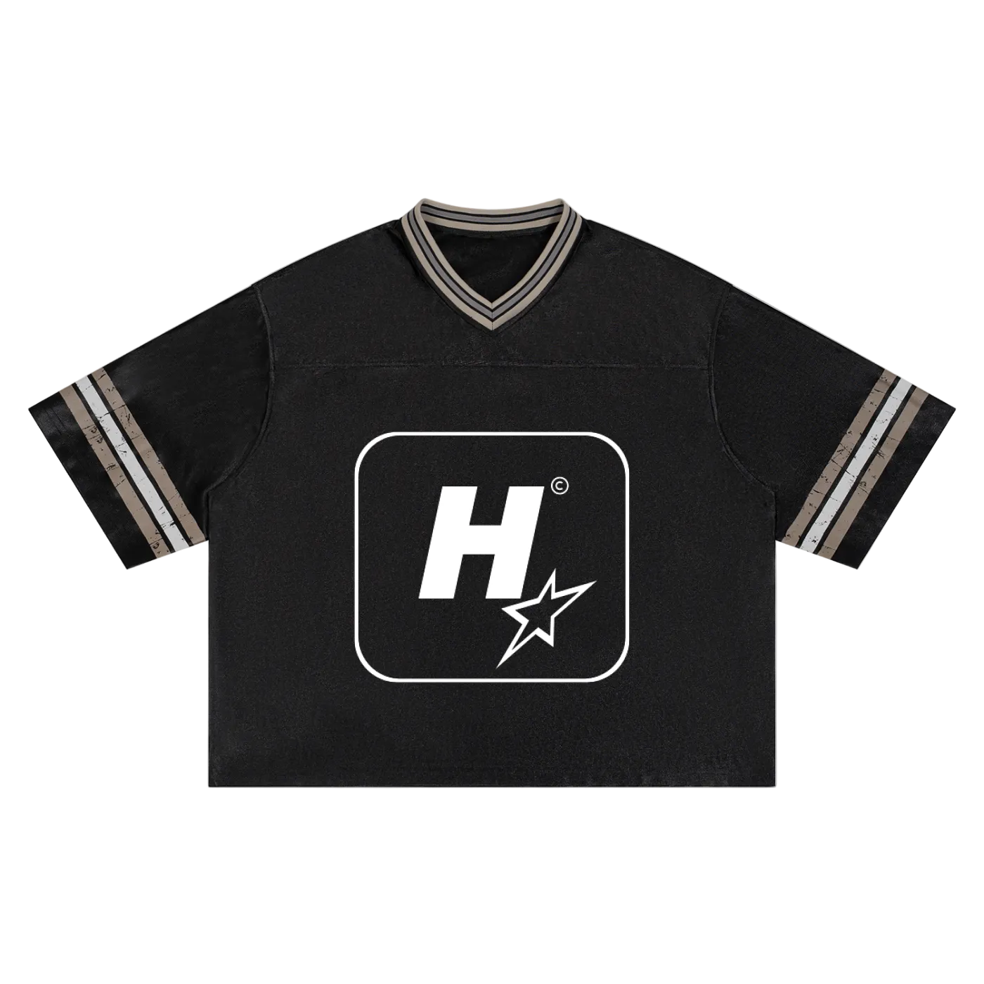 A black short-sleeve V-neck t-shirt with a large white graphic logo on the chest and striped detailing on the collar and sleeves, shown flat on a white background.