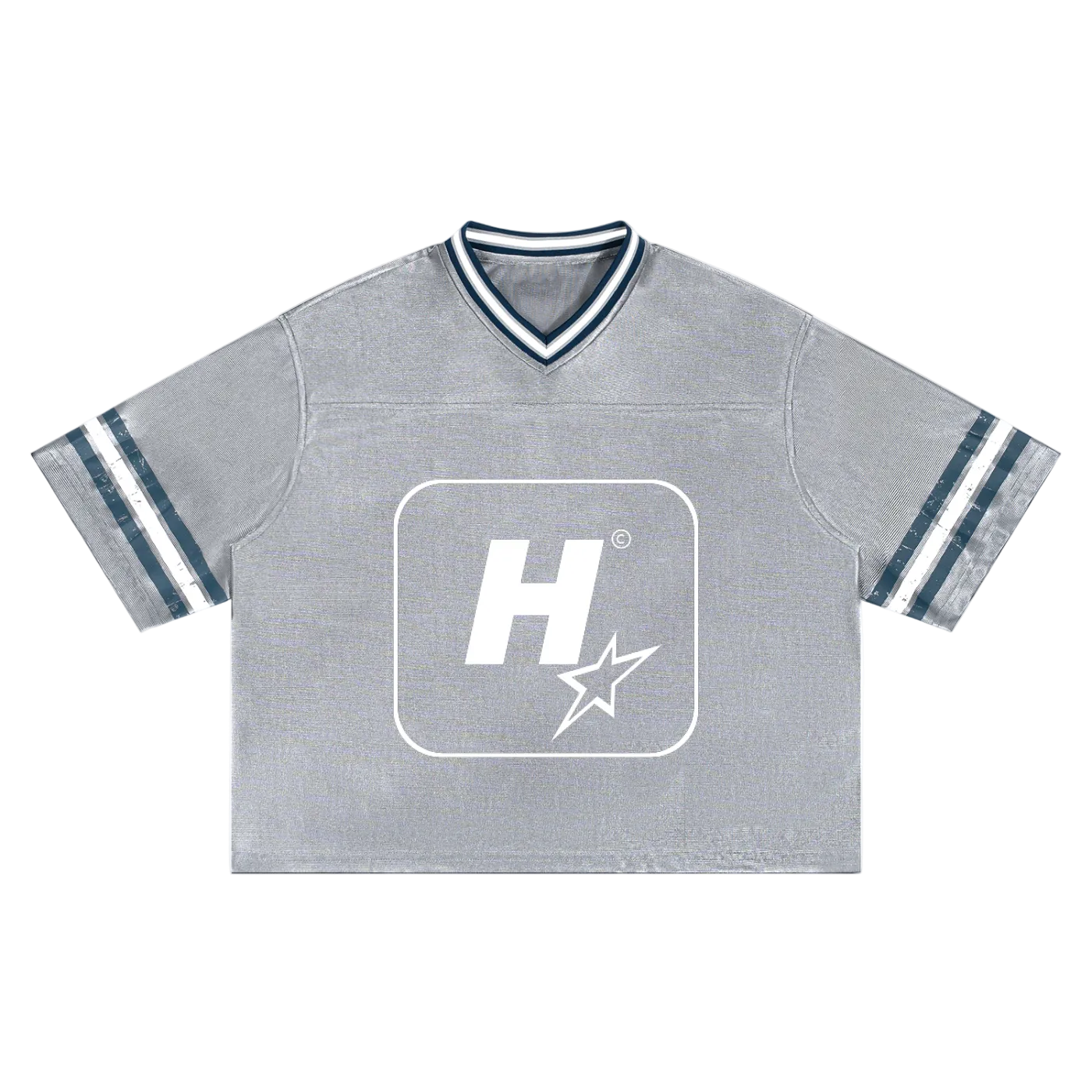 A heather gray cropped V-neck t-shirt with a white graphic logo on the chest and navy and white striped details on the collar and sleeves, shown flat on a white background.