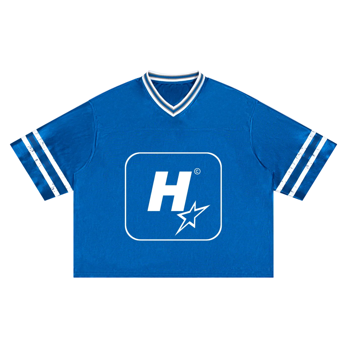 A royal blue short-sleeve V-neck t-shirt with white stripes on the sleeves and a large white 'H' logo with a star inside a rounded square on the chest.