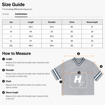 A size guide and measurement diagram for a gray v-neck t-shirt. The top half contains a size table with columns for size (S through 2XL), length, shoulder, chest, and sleeve length in inches and centimeters.