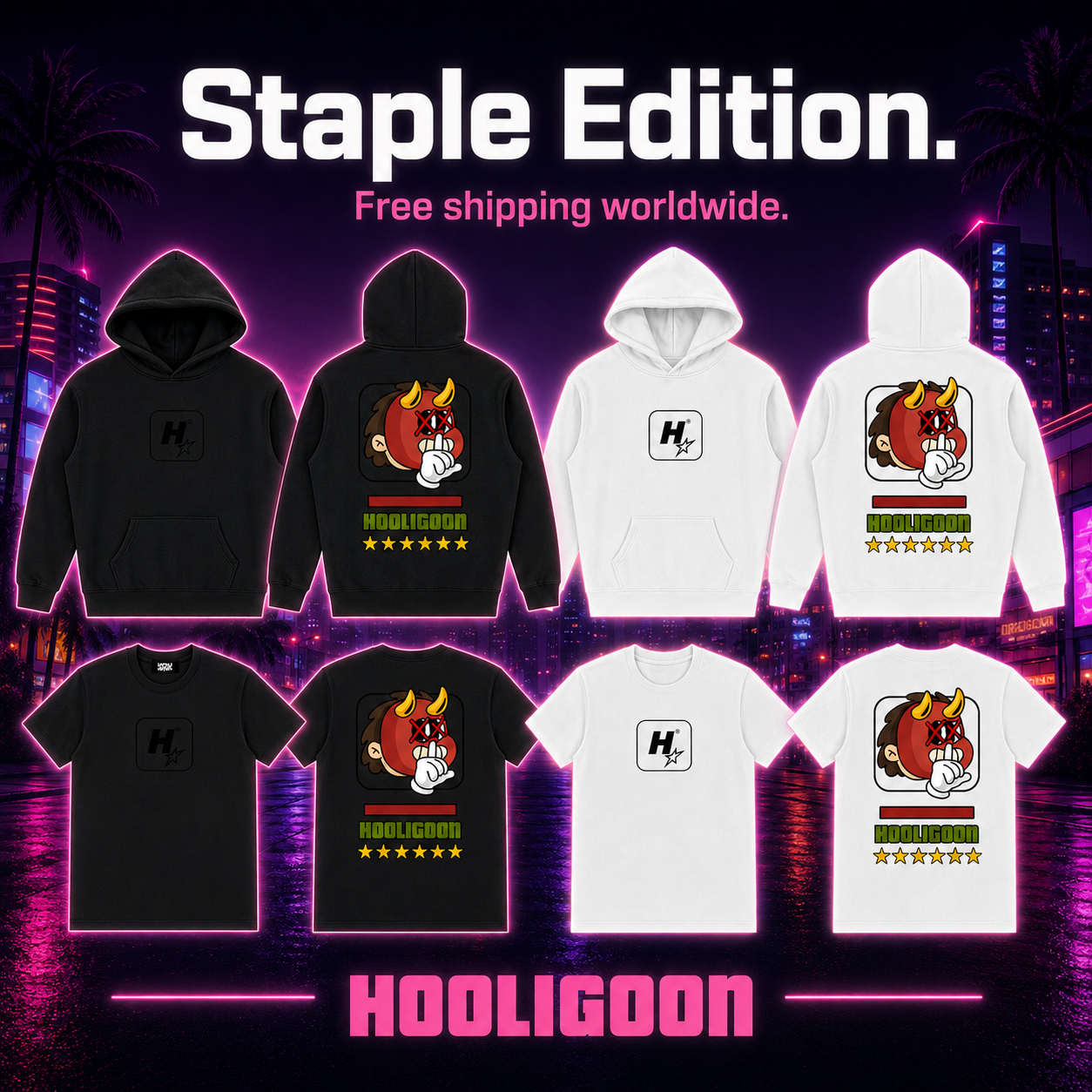 A promotional collage showing multiple apparel items from Hooligoon on a neon city background. The products include black and white hoodies, black and white T-shirts, and white hoodies, each with a small square 'H' logo and a larger cartoon bull graphic with the word 'HOOLIGOON' and star ratings.
