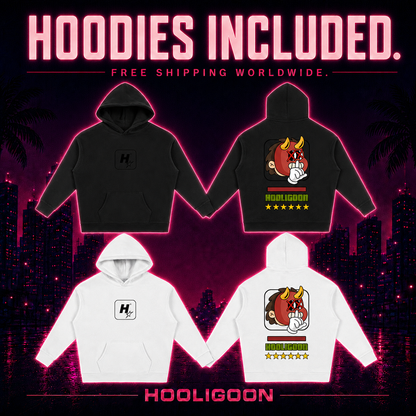 Four hoodies shown in black and white, each with front and back views, on a neon-lit city skyline background. Large text at the top reads 'HOODIES INCLUDED.