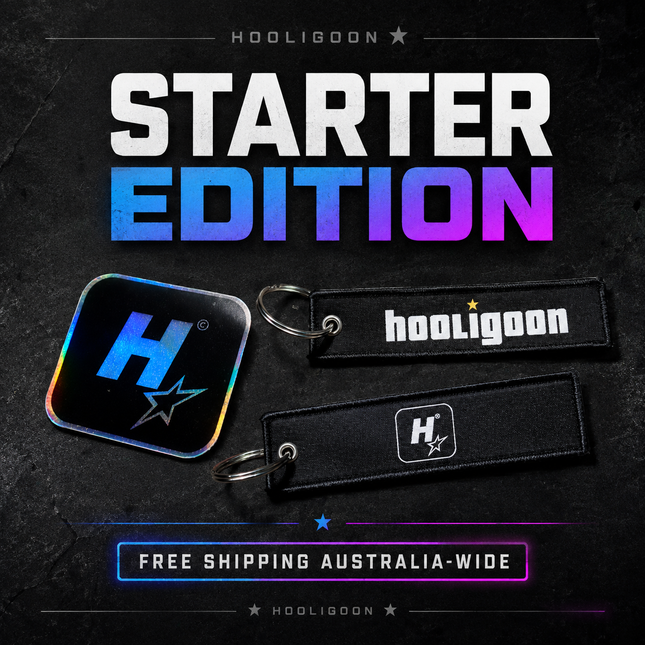Hooligoon Starter Edition promotional graphic showing a black square acrylic keychain with a holographic iridescent 'H' logo and a matching black woven key strap with white 'hooligoon' text, on a dark textured background with large 'STARTER EDITION' text and 'FREE SHIPPING AUSTRALIA-WIDE' banner.