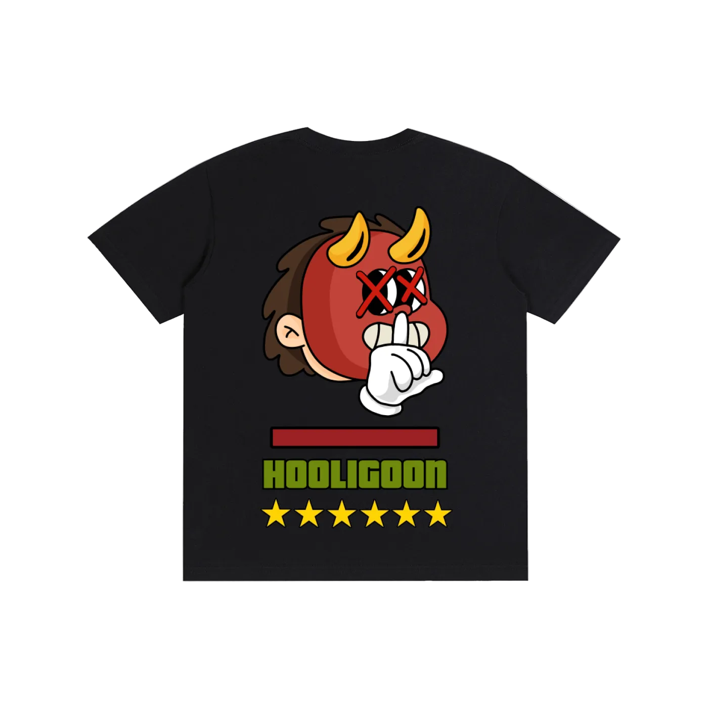 A black short-sleeve t-shirt with a graphic of a cartoon devil monkey wearing a red mask and making a shushing gesture. Below the graphic, the word 'HOOLIGOON' is printed in green with five yellow stars underneath, all on a solid white background.