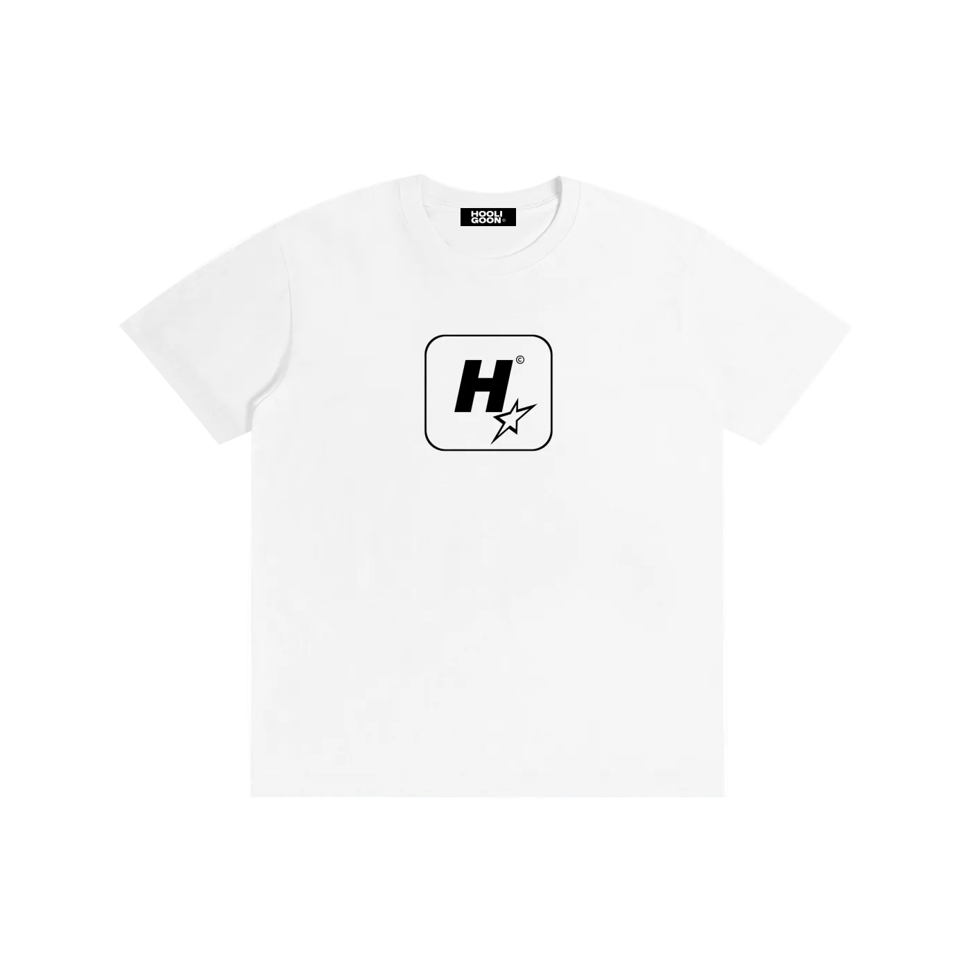 A white short-sleeve crewneck t-shirt with a black graphic logo on the chest, displayed flat against a solid white background.
