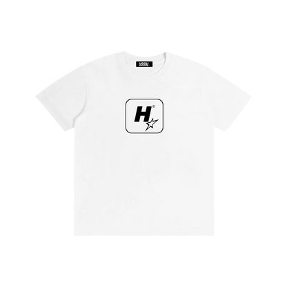 A white short-sleeve crewneck t-shirt with a black graphic logo on the chest, displayed flat against a solid white background.