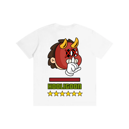 A white short-sleeve t-shirt with a graphic print of a cartoon devil character with yellow horns and the text 'HOOLIGOON' and five stars below, shown on a plain white background.