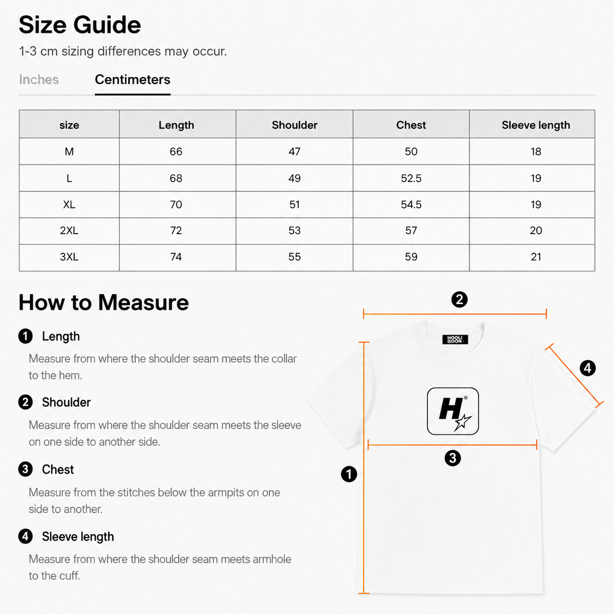 A size guide and measurement diagram for a short-sleeve T-shirt. The top section shows a size table with measurements in inches and centimeters for sizes M through 3XL.