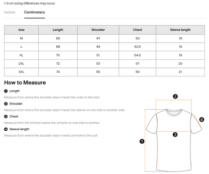 A sizing and measurement guide for a T-shirt, showing a centimeter size table from M to 3XL, a 'How to Measure' checklist, and a simple line drawing of a shirt with measurement callouts.