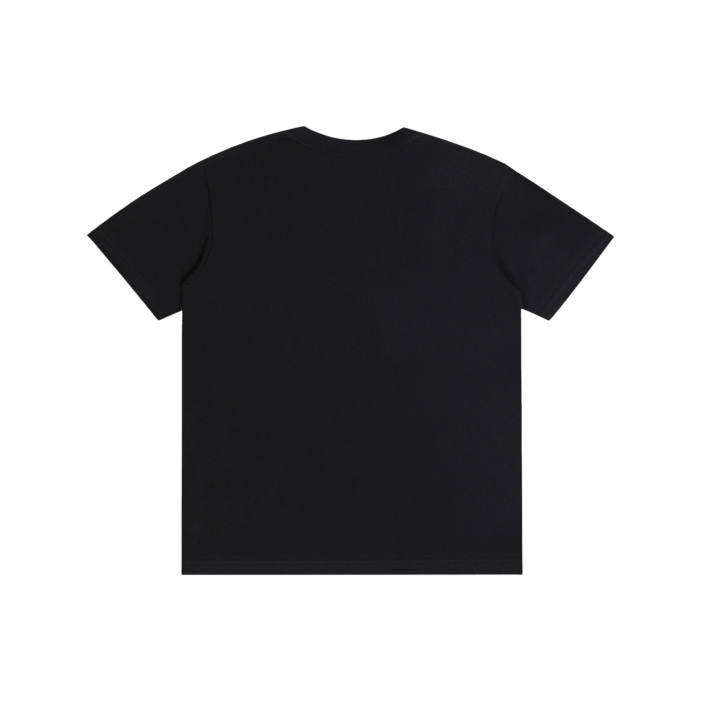 A plain black short-sleeve crewneck t-shirt shown from the back, laid flat against a solid white background.