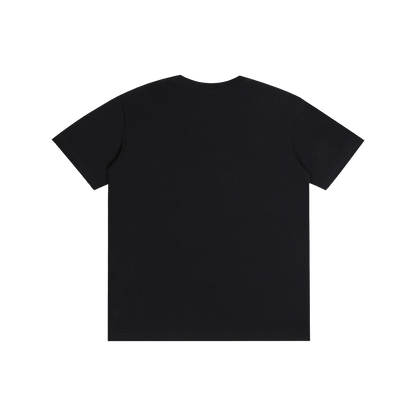 A plain black short-sleeve crewneck t-shirt shown from the back, laid flat against a solid white background.