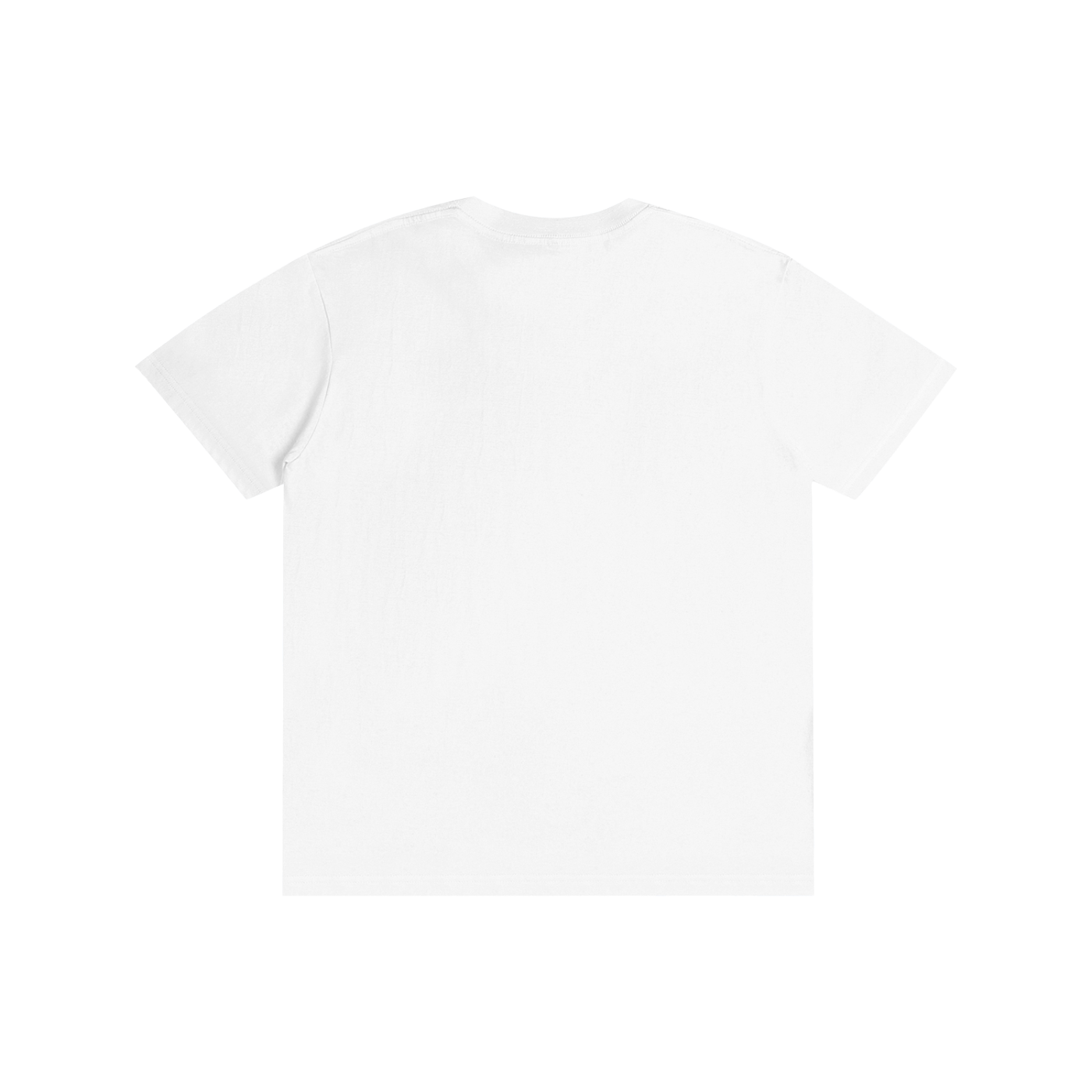 White t-shirt with small black logos on a white background