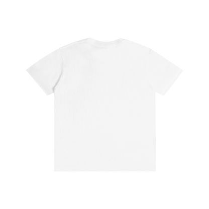 White t-shirt with small black logos on a white background