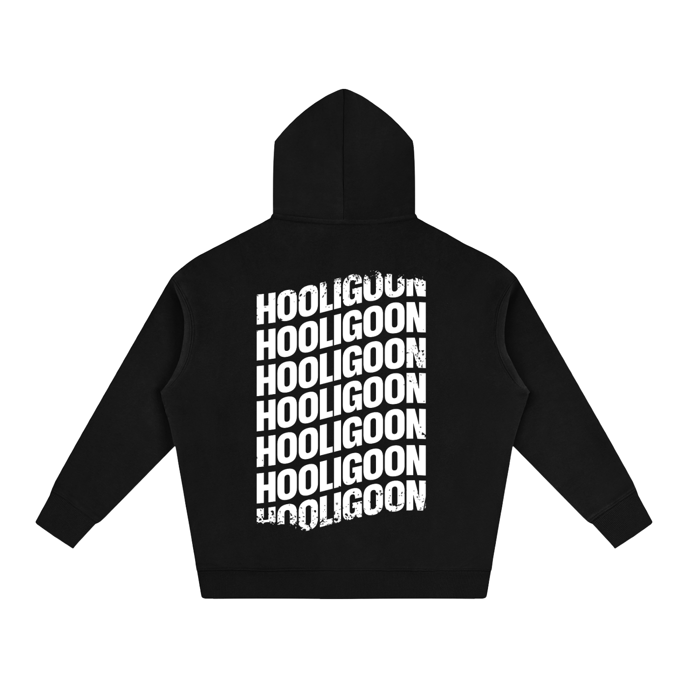 A black hoodie shown from the back, featuring a large, stacked white graphic print that reads 'HOOLIGOON' repeated vertically with a distressed texture.