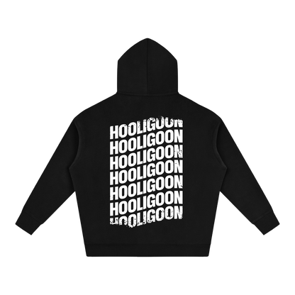 A black hoodie shown from the back, featuring a large, stacked white graphic print that reads 'HOOLIGOON' repeated vertically with a distressed texture.