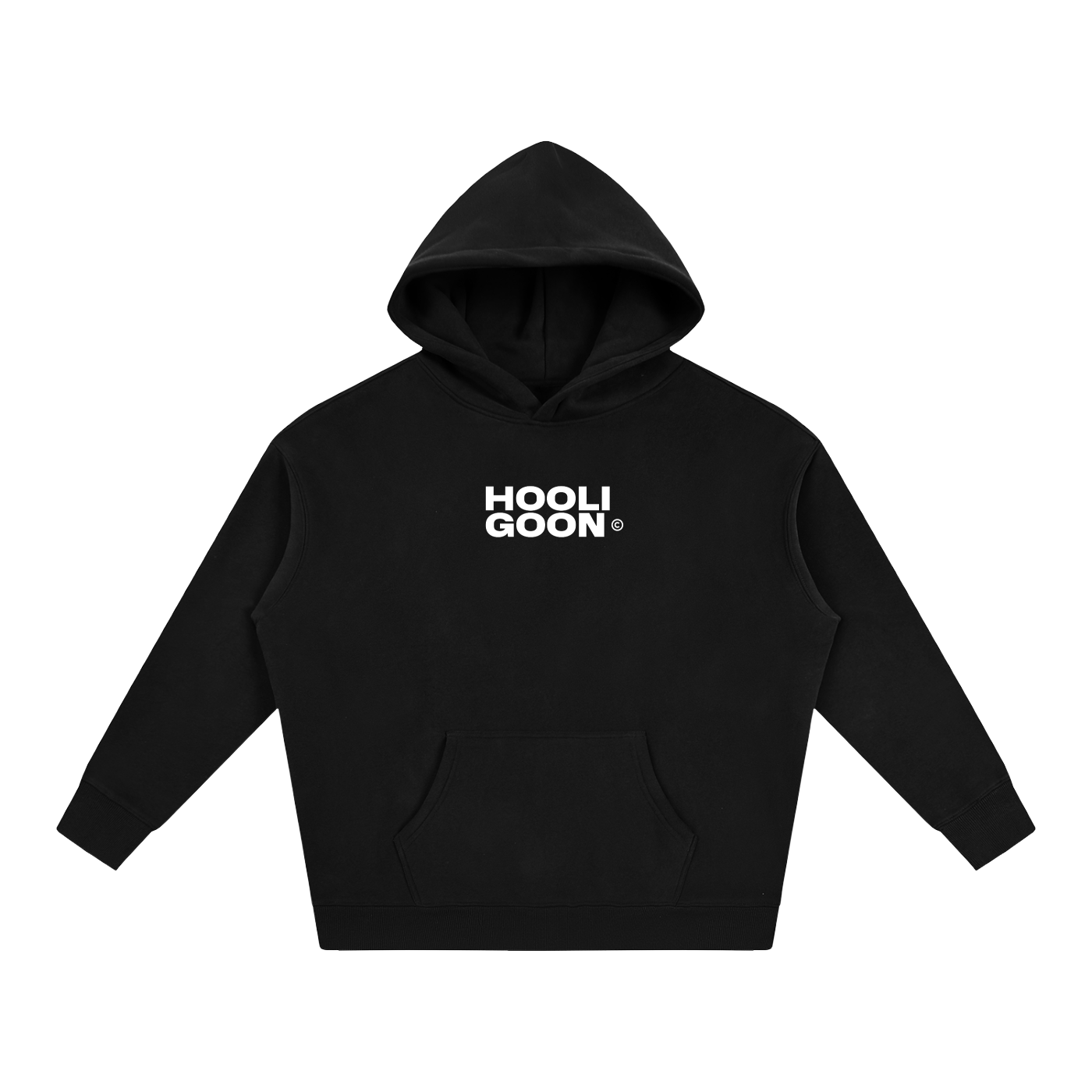 A black pullover hoodie with a white 'HOOLI GOON' logo printed on the chest, displayed against a solid white background.