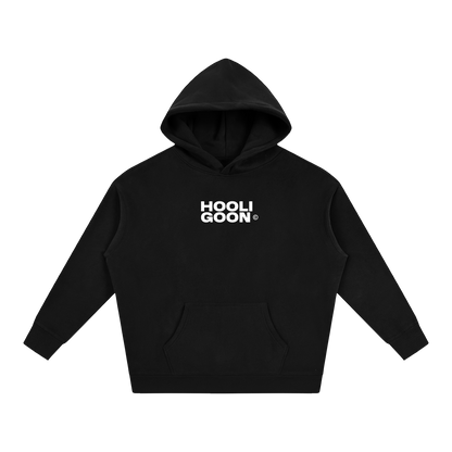 A black pullover hoodie with a white 'HOOLI GOON' logo printed on the chest, displayed against a solid white background.