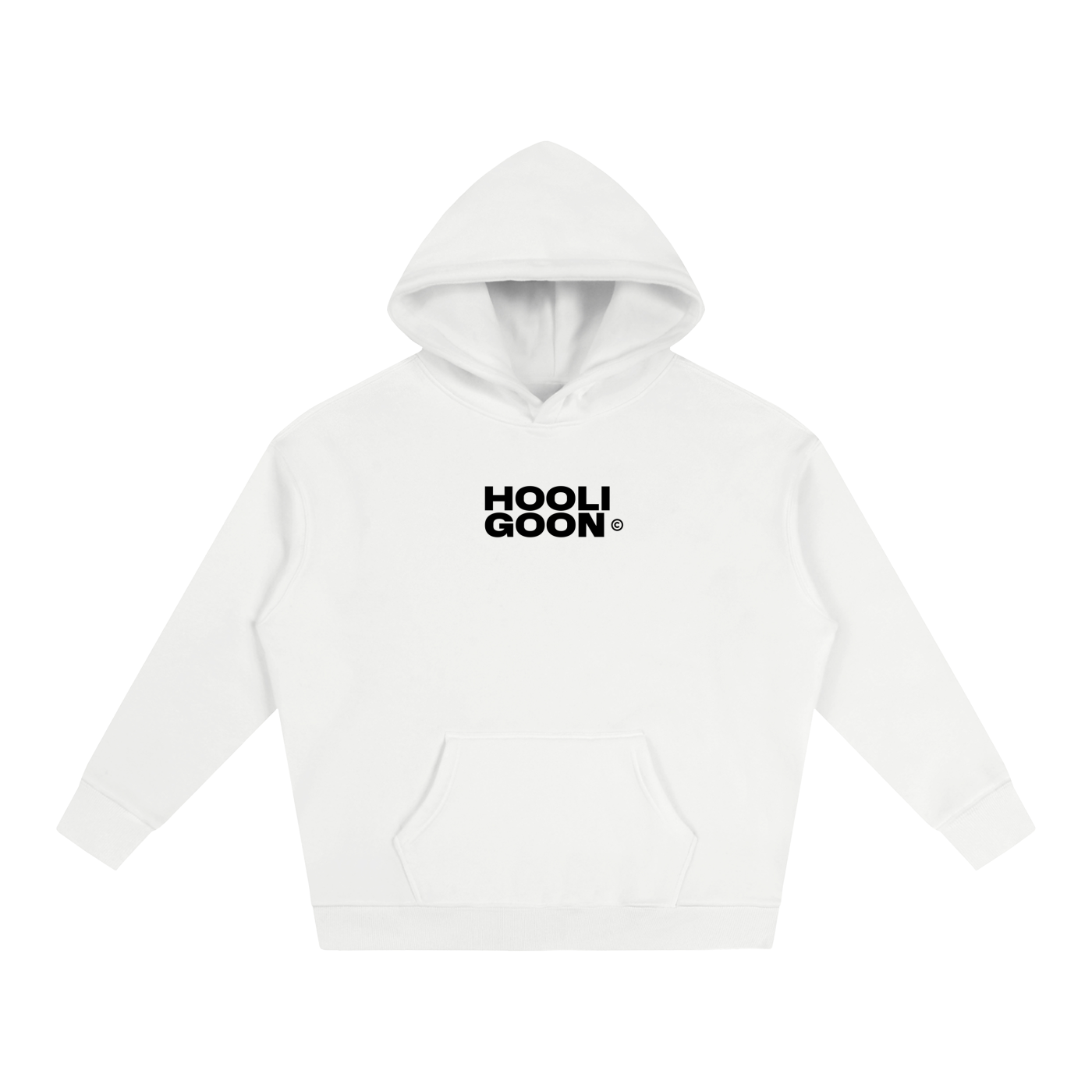 A white pullover hoodie with a black 'HOOLI GOON' logo printed on the chest, displayed on a clean white background.