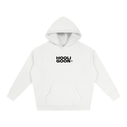 A white pullover hoodie with a black 'HOOLI GOON' logo printed on the chest, displayed on a clean white background.