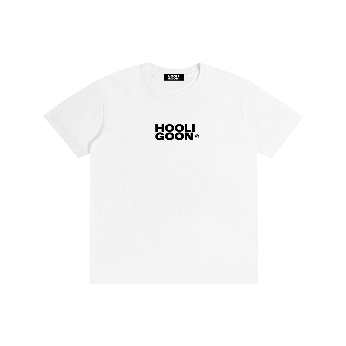 A white short-sleeve crewneck t-shirt with 'HOOLI GOON' printed in bold black block letters on the chest, displayed flat against a solid white background.