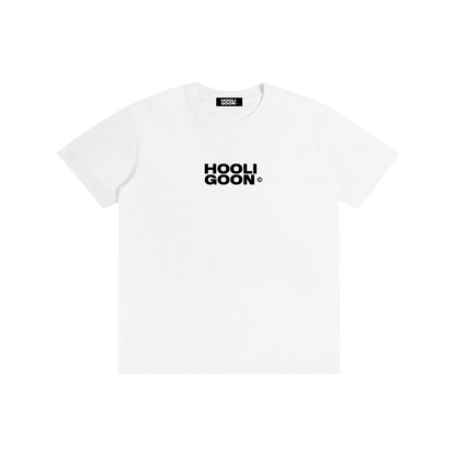 A white short-sleeve crewneck t-shirt with 'HOOLI GOON' printed in bold black block letters on the chest, displayed flat against a solid white background.